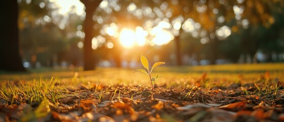 Tender sprout reaching for sunlight in golden hour park scene symbolizing growth and hope in nature's embrace with blurred background and low angle view