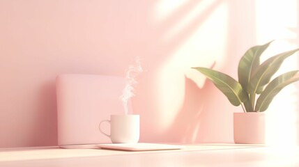 Cozy workspace with plants and steaming coffee home office photography bright natural light close-up serenity and focus