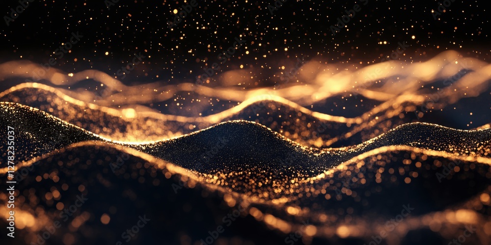 Poster golden waves of shimmering particles creating a mesmerizing abstract landscape