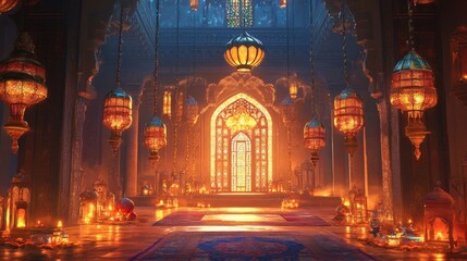A Grand Illuminated Palace Hall With Many Lanterns