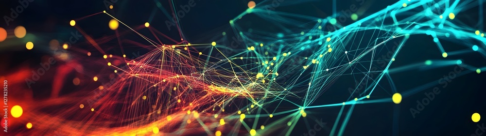Poster Mesmerizing digital visualization of an intricate network of interconnected luminous particles flowing and pulsating in dynamic hypnotic motion against a vibrant colorful backdrop  This abstract