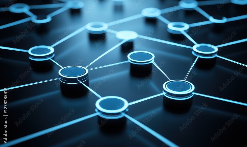 Poster abstract representation of interconnected nodes and lines on a dark background, symbolizing technolo