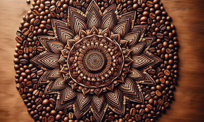 Fototapeta premium Zauberhaftes Mandala, gelegt aus Kaffeebohnen, braun, Hintergrund