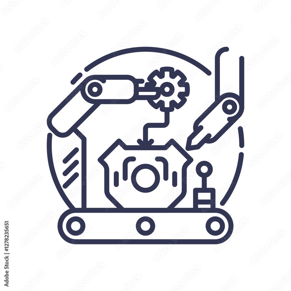 Poster robotic arms and gears symbolize automation and precision in manufacturing.