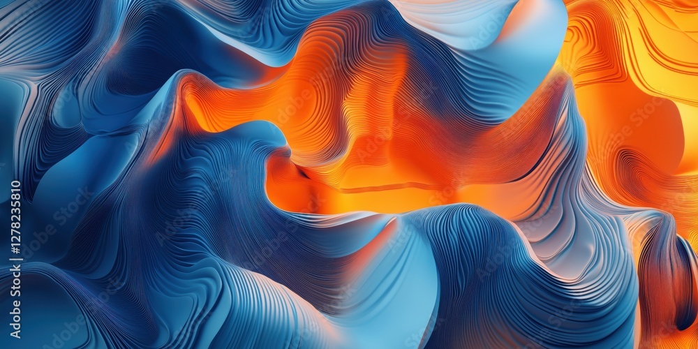 Poster abstract 3d waves in blue and orange tones creating a dynamic visual experience