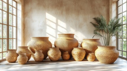 A collection of intricately designed golden pots arranged in a sunlit room with greenery