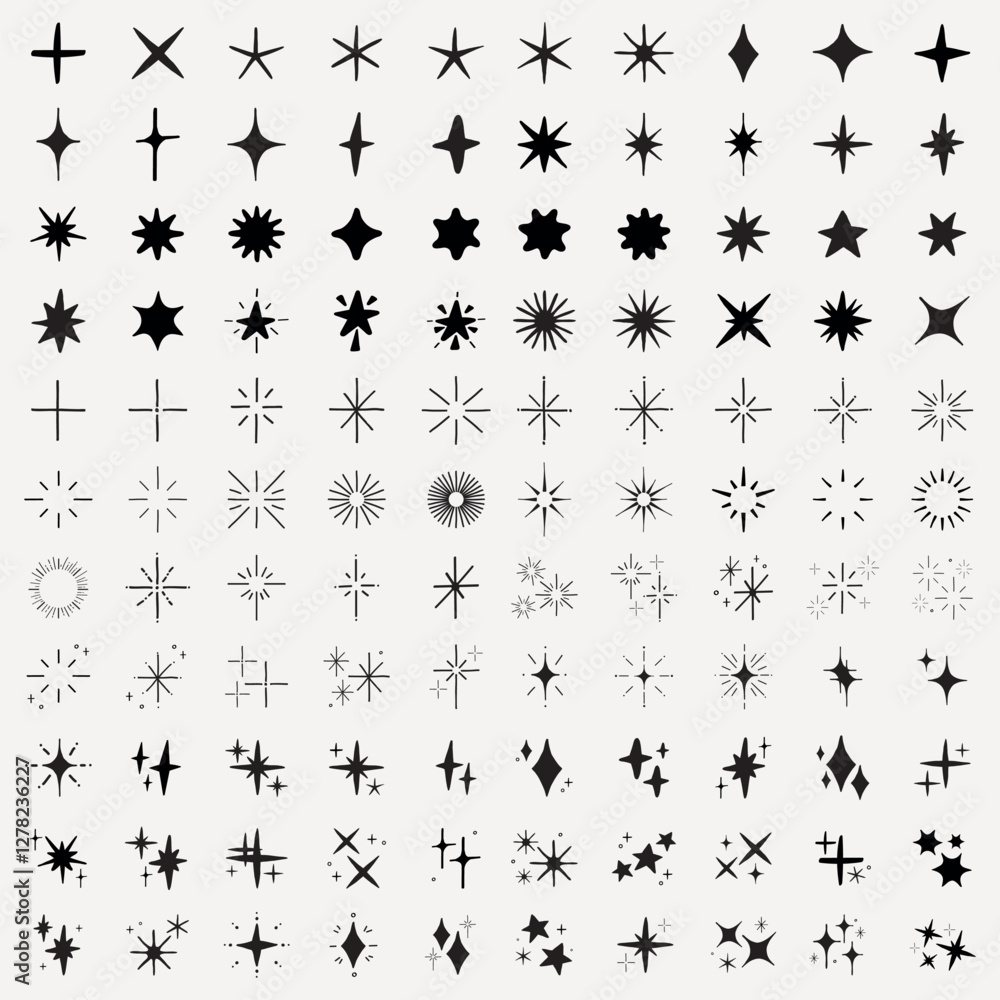 Poster a collection of star icons in various shapes and styles. star icons feature different designs, with 