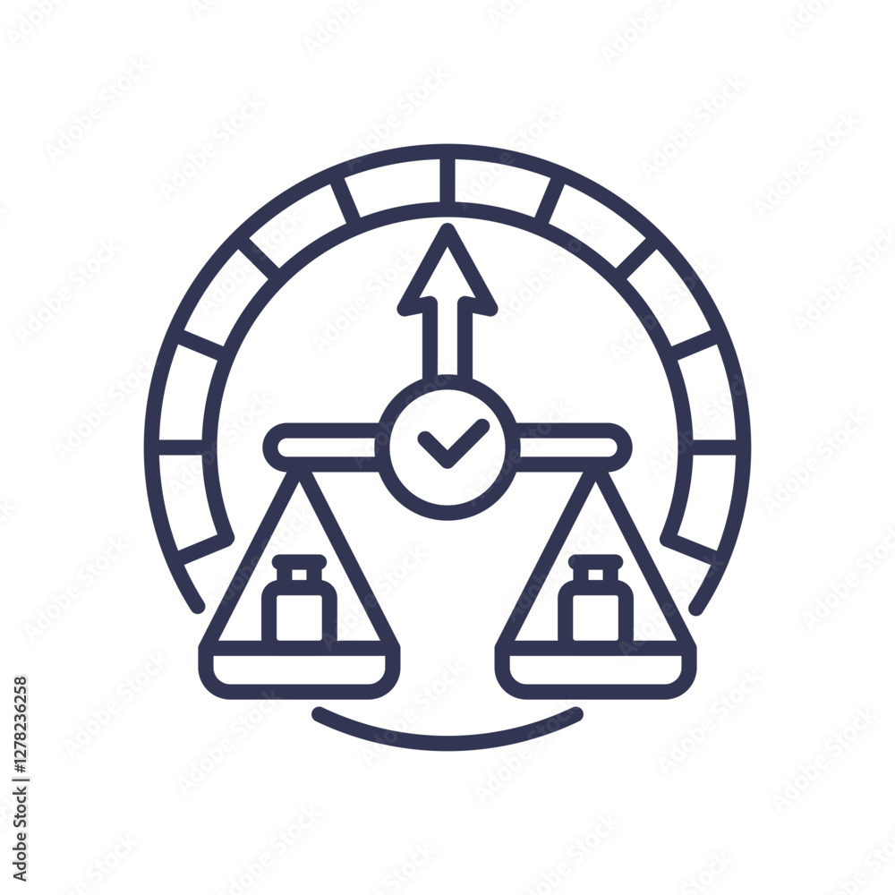 Poster scales with weights, arrow, and check mark symbolize balance and precision.