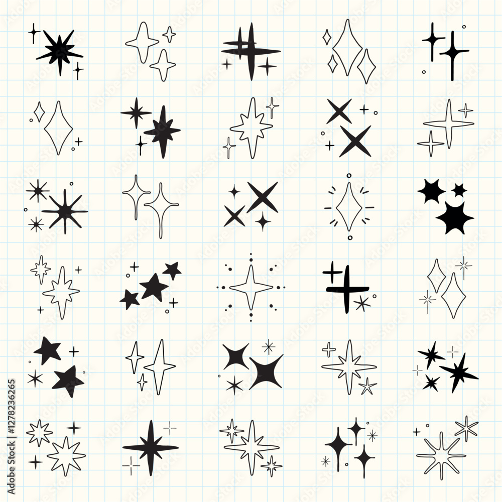 Poster a collection of star icons in various shapes and styles. star icons feature different designs, with 