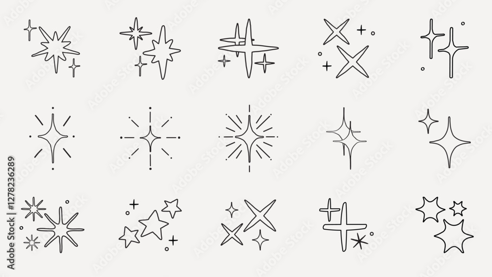 Poster a collection of star icons in various shapes and styles. star icons feature different designs, with 