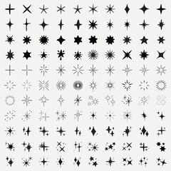 A collection of star icons in various shapes and styles. Star icons feature different designs, with stars and sparkles. Perfect for design projects needing star icons. Element vector set.