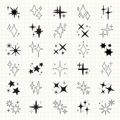 A collection of star icons in various shapes and styles. Star icons feature different designs, with stars and sparkles. Perfect for design projects needing star icons. Element vector set.