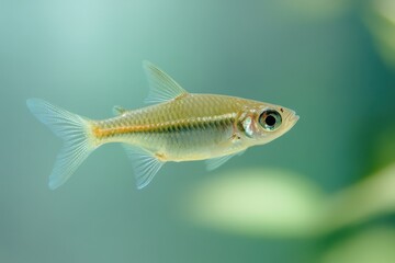 Close up of a single small tropical fish swimming