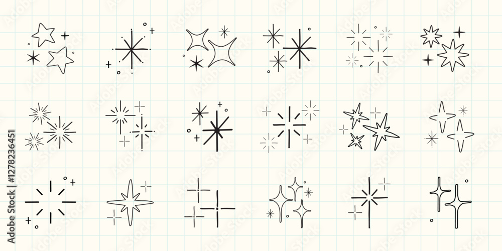 Poster a collection of star icons in various shapes and styles. star icons feature different designs, with 