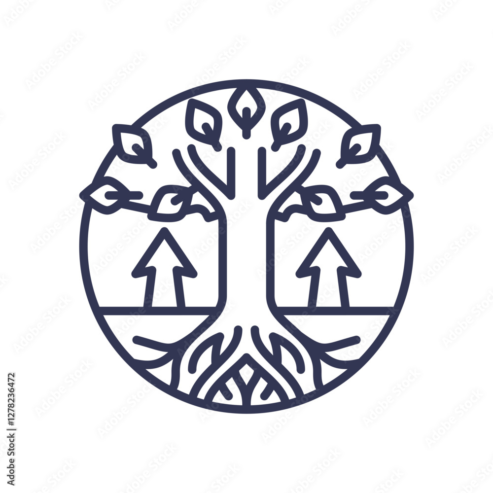 Poster tree with roots and arrows symbolizing growth and foundation.