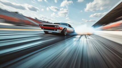 Drag racing car powering down the strip. Featuring high speed and focus