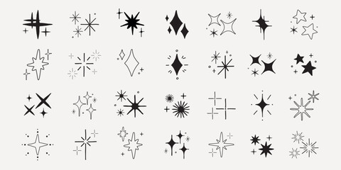 A collection of star icons in various shapes and styles. Star icons feature different designs, with stars and sparkles. Perfect for design projects needing star icons. Element vector set.