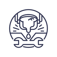 Molten metal pouring into a mold with a wrench symbolizes precision in manufacturing.