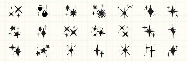 A collection of star icons in various shapes and styles. Star icons feature different designs, with stars and sparkles. Perfect for design projects needing star icons. Element vector set.