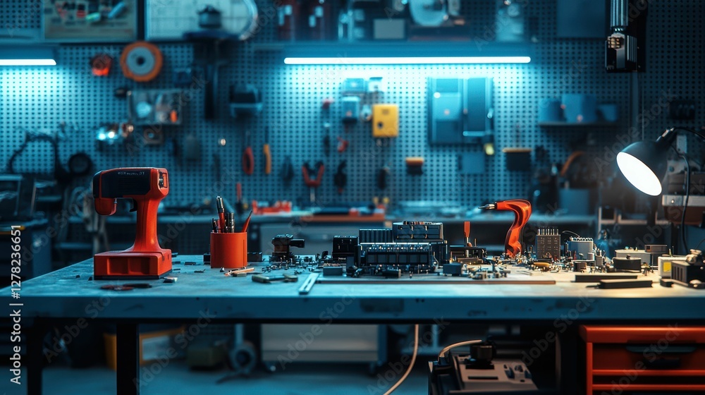 Poster workshop table with tools and equipment in a modern setting