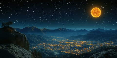 Fototapeta premium Stunning night landscape with glowing city lights under a bright full moon