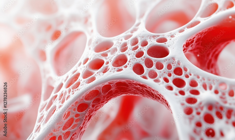 Poster abstract close-up of porous white structure with red background and intricate details