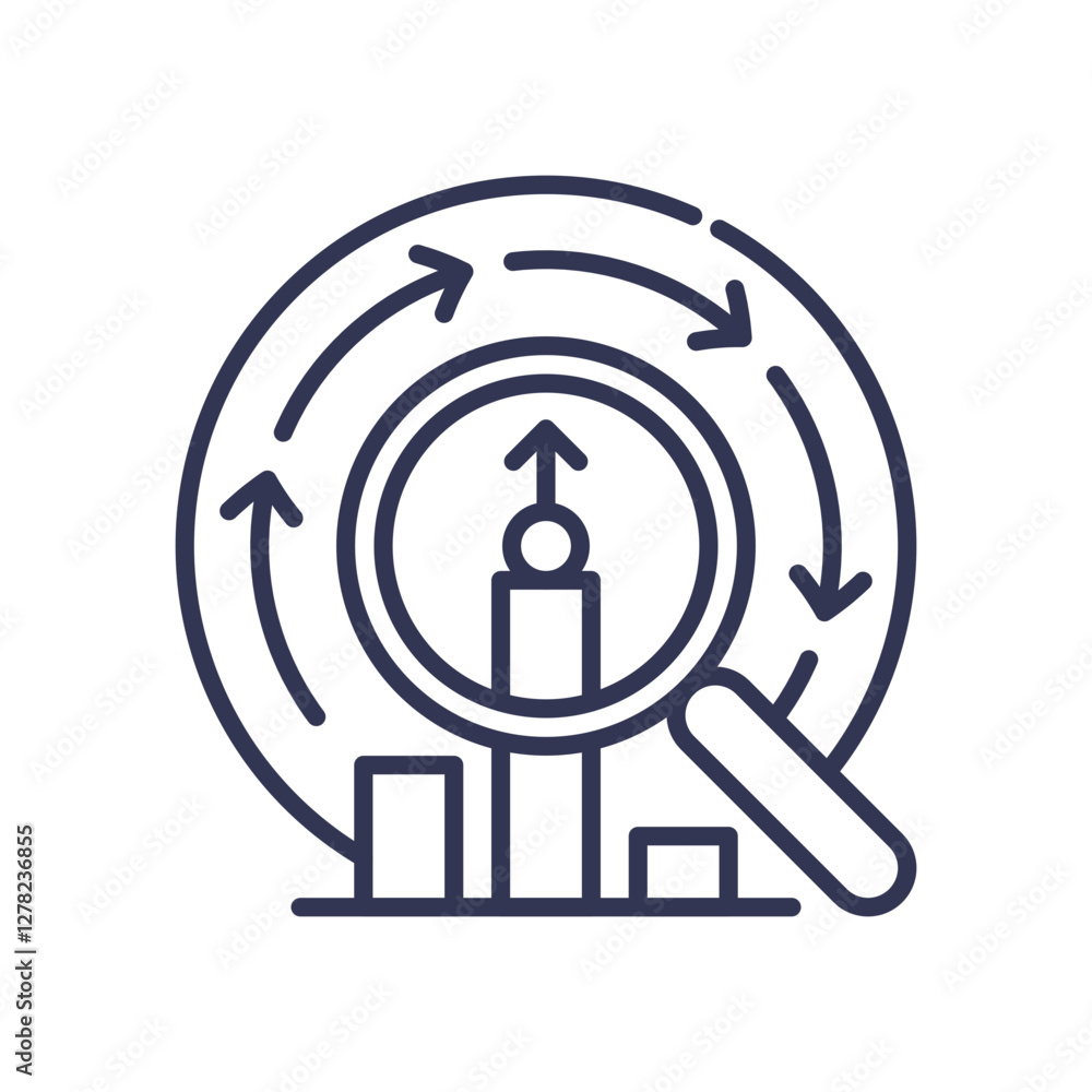 Poster magnifying glass over bar chart with arrows symbolizes data analysis and growth.