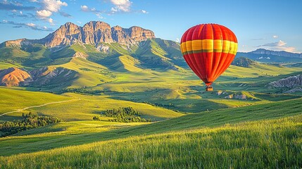 Obraz premium Colorful hot air balloon soaring over lush green mountains at sunset