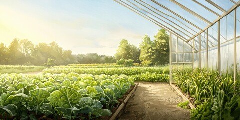 A sunlit greenhouse filled with lush vegetables, surrounded by vibrant greenery, showcasing a serene agricultural landscape.