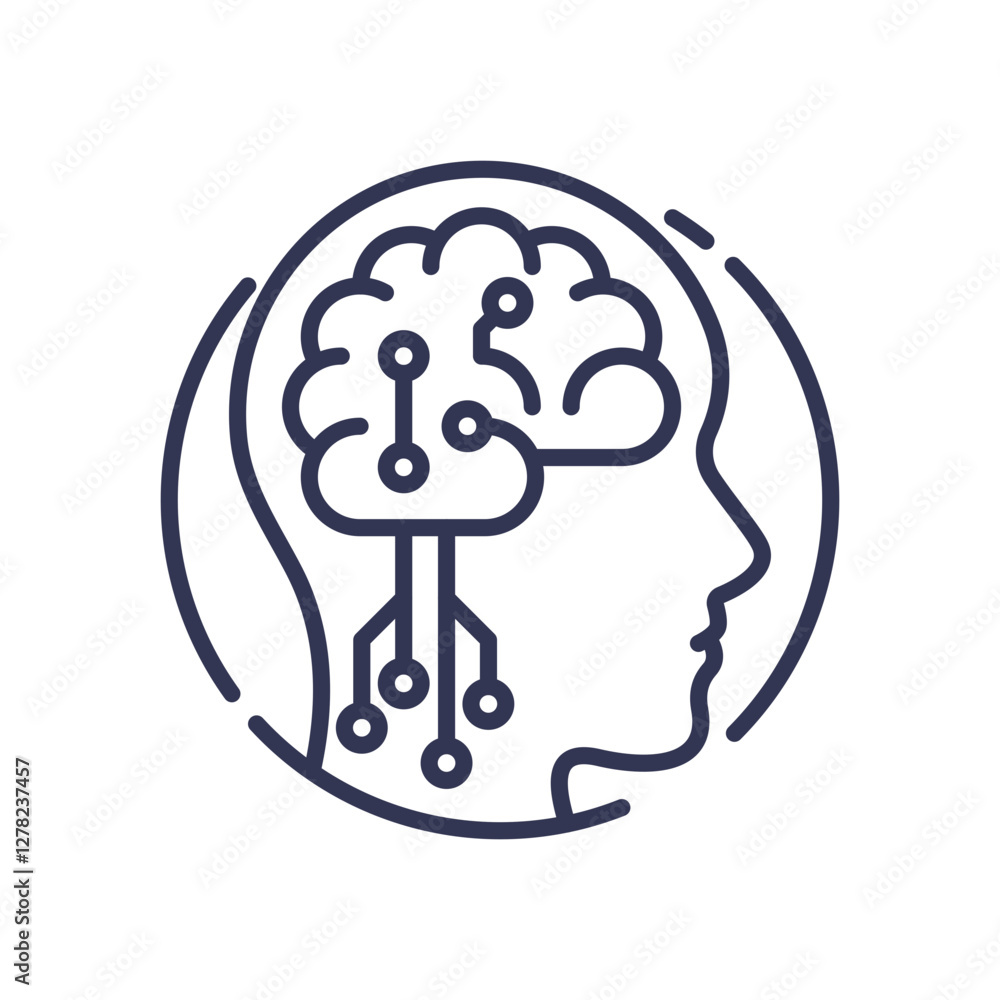 Aufkleber outline of a human head with a brain depicted as a circuit, symbolizing intelligent processing.