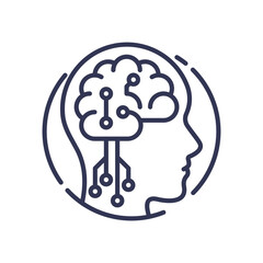Outline of a human head with a brain depicted as a circuit, symbolizing intelligent processing.