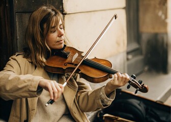 Fototapeta premium Busker performing british street portrait photography urban setting close-up view female musician playing violin