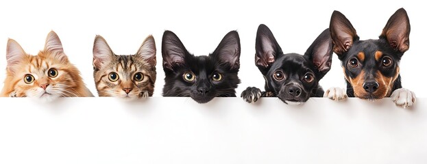Playful Pets: An adorable ensemble of cats and dogs peeking over a blank surface. Capture the captivating appeal of these beloved animals, making them perfect for pet-related themes.