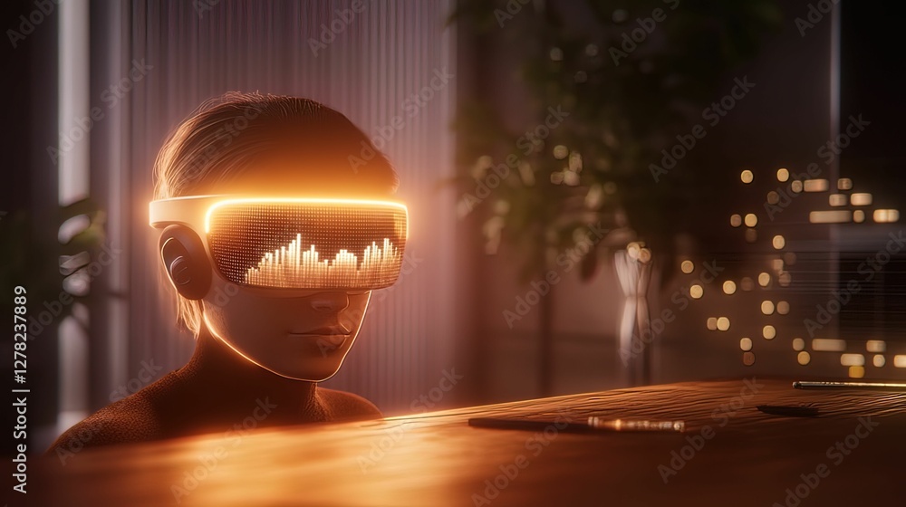 Poster immersive virtual reality experience in a dynamic workspace with glowing holographic headset