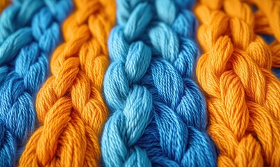 Colorful braided yarn in vibrant blue and orange patterns for crafting projects