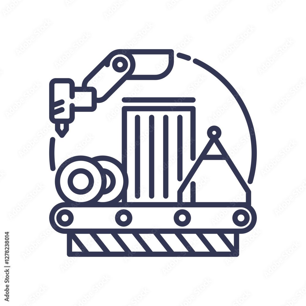 Poster illustration of a robotic arm and conveyor belt symbolizing automation in production and efficiency.