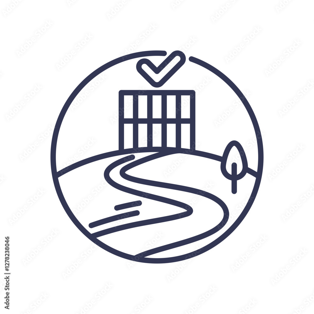 Poster path leading to a building with a checkmark, symbolizing progress and achievement.