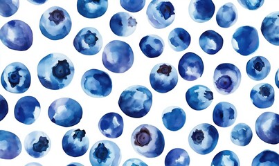 Watercolor blueberries pattern with various shades of blue and white background