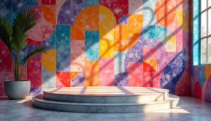 Colorful Geometric Wall Background with Product Display Stand
