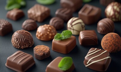 Assorted gourmet chocolates with mint leaves on dark background for dessert lovers