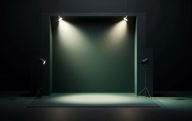 Dunkelgrüner Hintergrund, minimalistischer Studioraum von Scheinwerfern beleuchtet, Spotlights