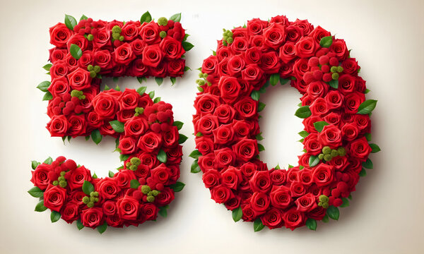 Die Zahl 50 in roten Bl&uuml;ten der Rose gelegt auf hellem Hintergrund, copy space