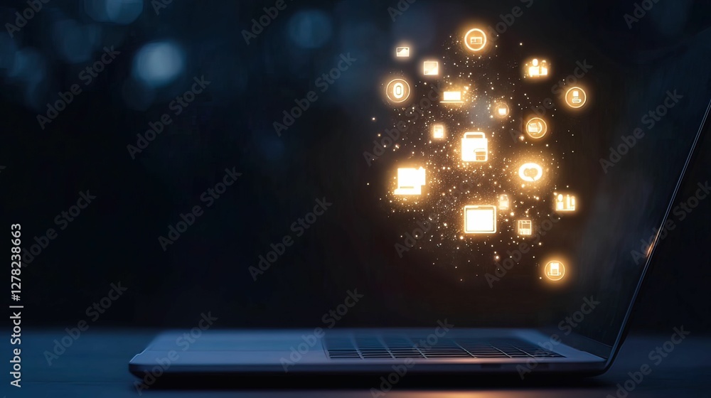Aufkleber innovative floating icons of productivity tools in a dark workspace graphic design for enhanced digi