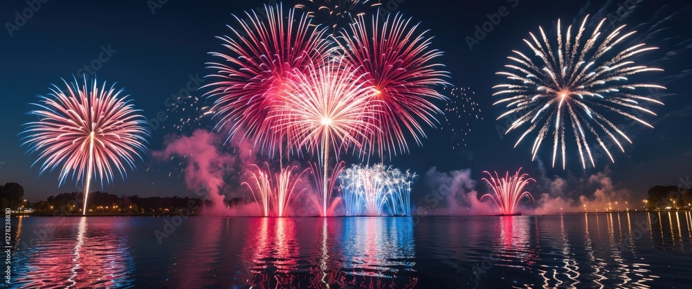 Poster colorful fireworks display reflected on lake at night with bright stars and empty space for text mes
