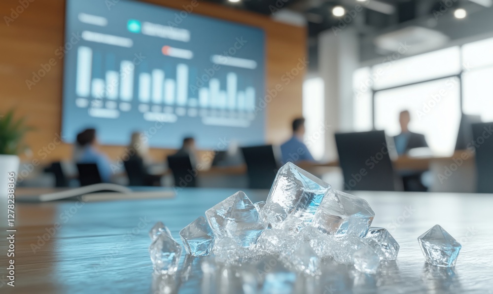 Poster ice cubes on conference table with business presentation in background