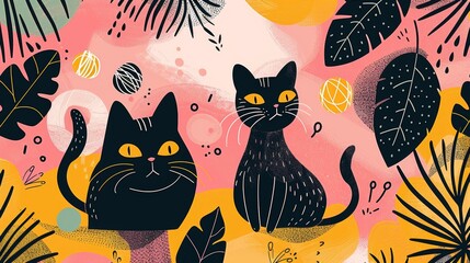 Two black cats sit amidst tropical foliage on a vibrant background.  Possible use Children's book cover, greeting card, social media post