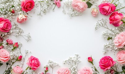 Beautiful floral frame with pink and white roses and delicate gypsophila flowers