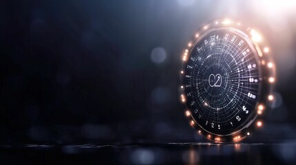 Futuristic holographic calendar interface glowing in dark environment digital technology concept close-up view