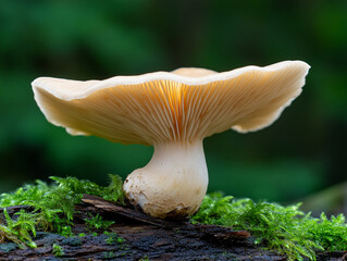 Unique mushroom growing on a log in the forest