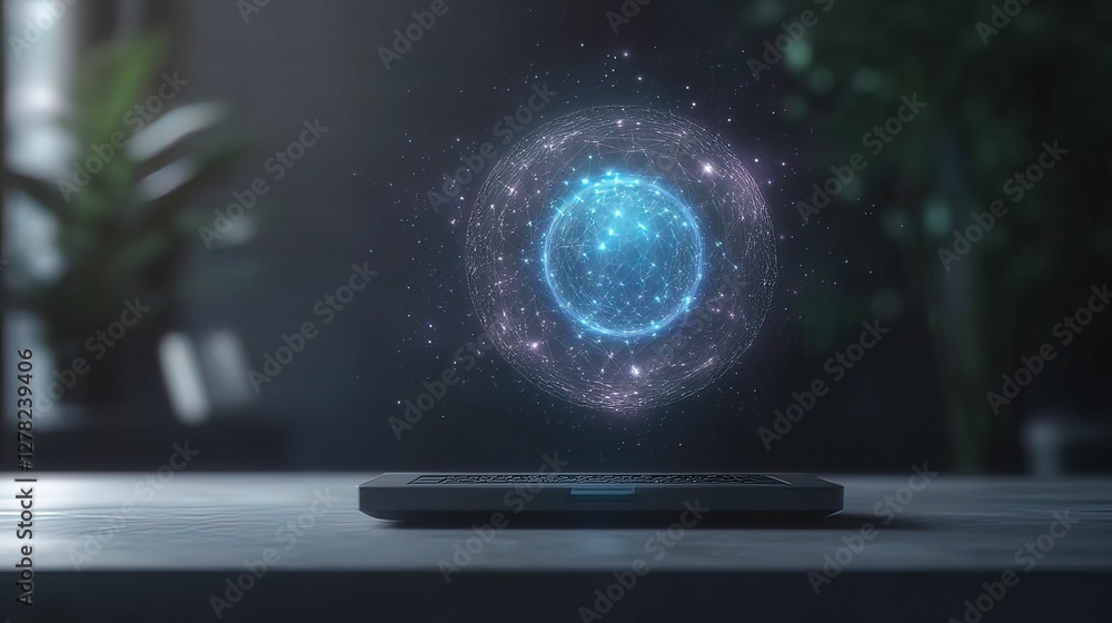Poster futuristic home office with encrypted holograms digital workspace secure technology modern design in